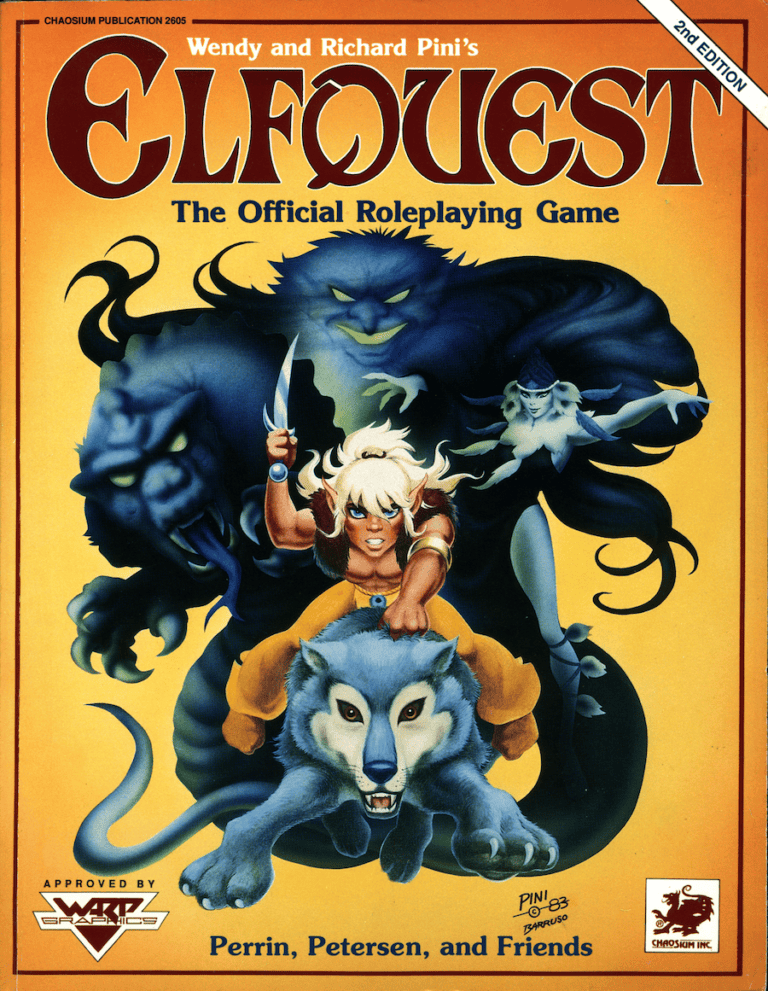 A fantasy-themed illustration showcases a character riding a large blue wolf, enveloped by blue mystical figures. This captivating image is the cover for "ElfQuest: The Official Roleplaying Game," with the title and creators' names prominently displayed, evoking the essence of Chaosium's legacy.