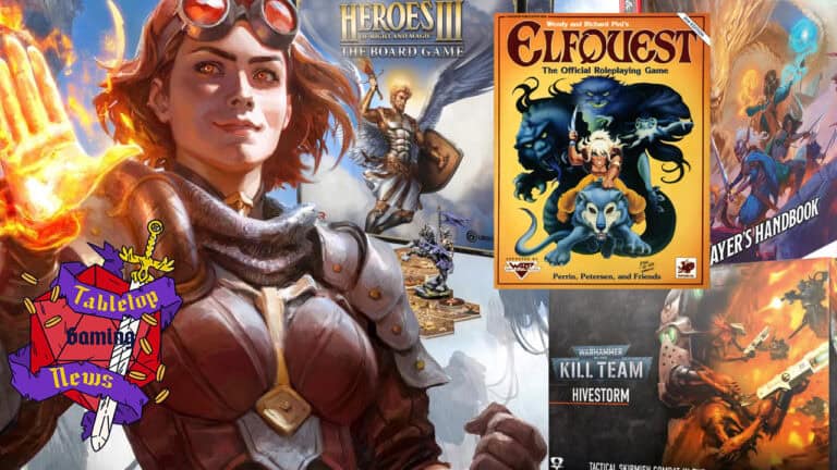 A vibrant collage showcases a female character in steampunk attire, the "Heroes III" board game, and the "Elfquest" RPG. Also featured are "Kill Team" figures alongside the "Player's Handbook," a "Tabletop Gaming News" logo, and nods to Kobold Press's creative flair.