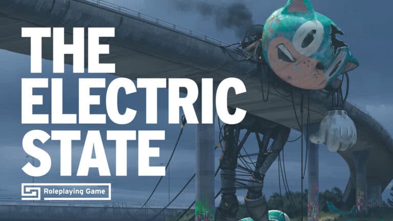 A large, worn-out animatronic cat with a smiling face looms under a highway bridge, surrounded by wires. The sky is overcast. Text reads "The Electric State Roleplaying Game" by Free League Publishing.