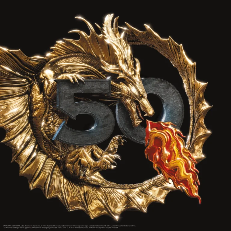 A golden dragon, reminiscent of a Dungeons & Dragons adventure, encircles the number 50, breathing fire. Fiery molten substance flows from its mouth, crafting a dramatic and mystical scene against the black backdrop—perfectly capturing the spirit of Wizards of the Coast's 50th Anniversary.