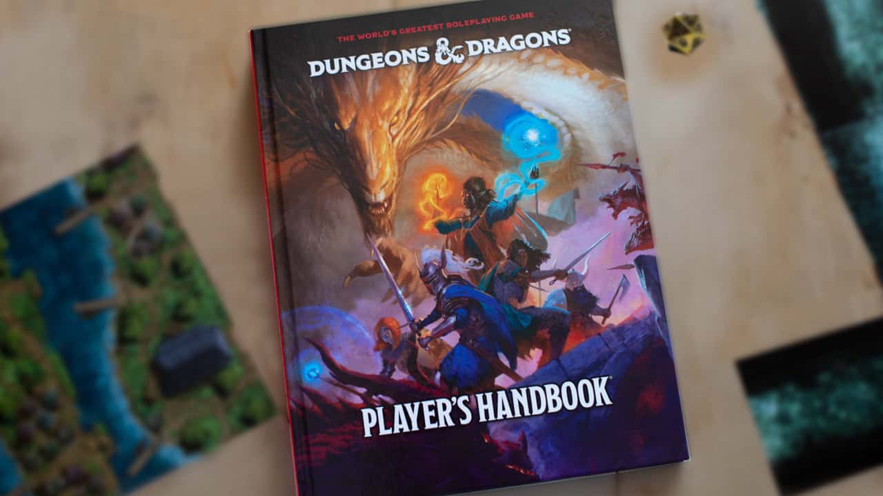 The cover of the "Dungeons & Dragons Player's Handbook" celebrates D&D's 50th Anniversary with a stunning fantasy scene. Adventurers battle a dragon as magic spells and a glowing blue orb illuminate the hex map backdrop, capturing the timeless thrill of epic quests.