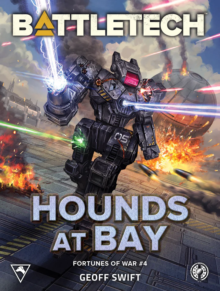 A large battle mech fires weapons amidst explosions on a futuristic battlefield. The sky is filled with smoke and debris. The text reads "Battletech: Hounds at Bay" by Geoff Swift, part of the exciting September releases from Catalyst Game Labs.