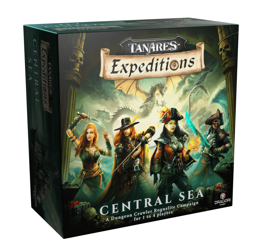 The board game box titled "Tanares Expeditions: Central Sea" features four fantasy characters with diverse weapons and costumes, set against a mystical seascape backdrop. This pirate adventure is a dungeon crawler for 1 to 6 players by Dragori Games.