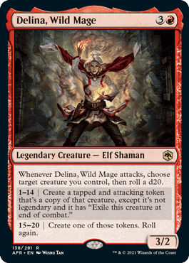 Image of a Magic: The Gathering card titled "Delina, Wild Mage," celebrating D&D's 50th Anniversary. It features an elf shaman with swirling magical energy, reminiscent of the iconic Player's Handbook. The card includes stats and abilities, with a red border and fantasy artwork background.