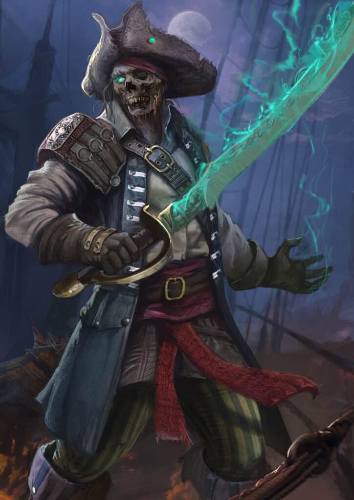 A skeletal pirate in a tattered hat and coat wields a glowing green sword. He stands on his ship's deck in the Central Sea under a dark, stormy sky. His striped pants and red sash flow ominously, setting the stage for this spectral Pirate Adventure filled with intrigue and peril.