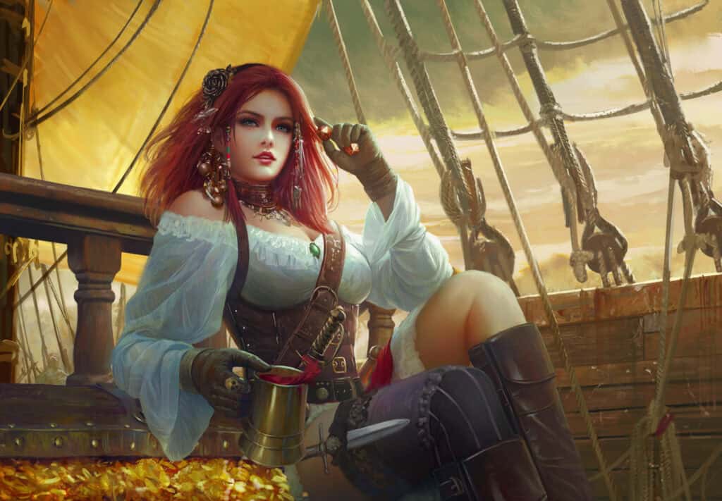 A fantasy illustration of a pirate woman with red hair lounging on a ship's deck. Engaged in her latest Tanares Expedition, she wears a white off-the-shoulder blouse, brown leather corset, and boots. Holding a mug amid treasure, the Central Sea stretches beyond the ship sails under the cloudy sky.