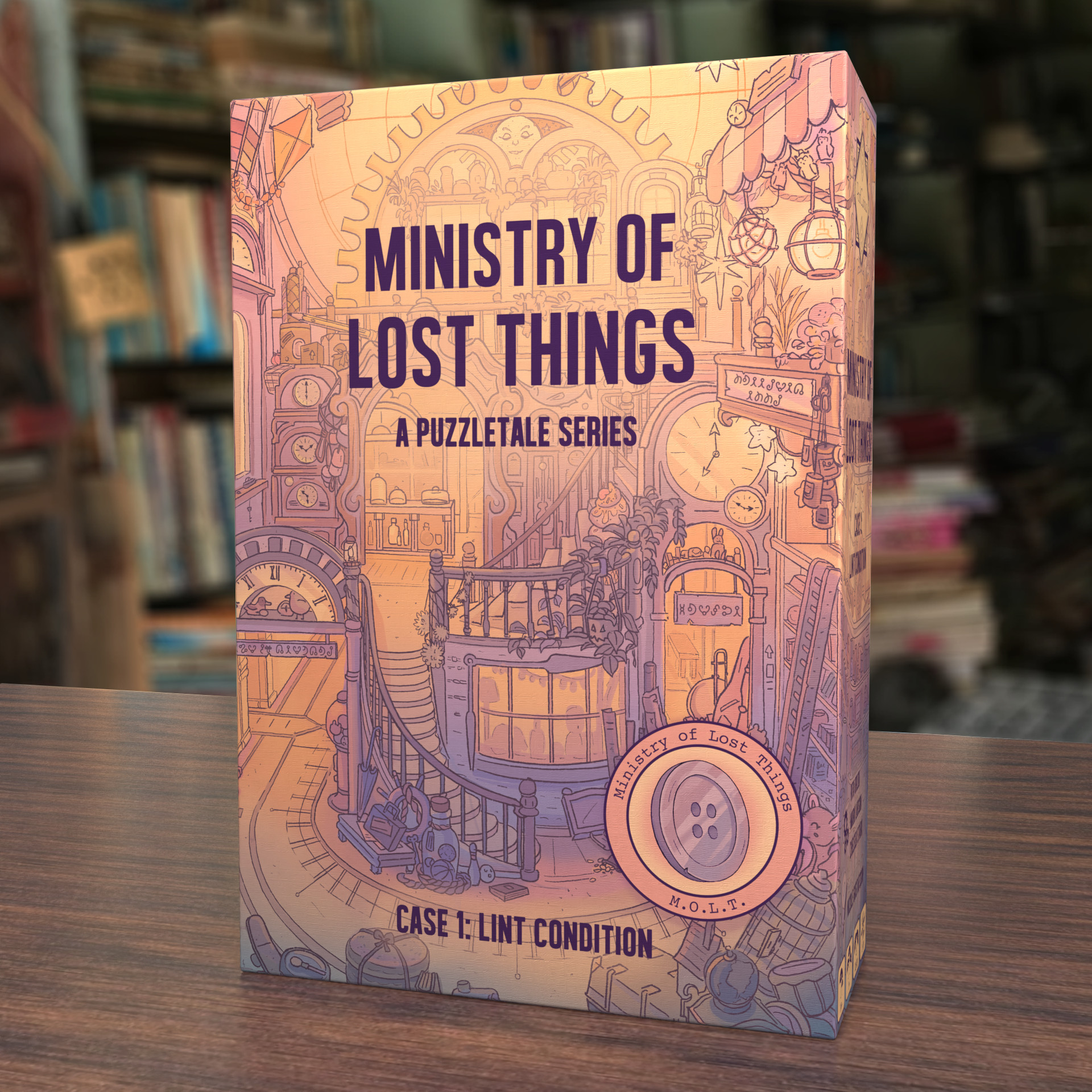 The image showcases a boxed puzzletale series titled "Ministry of Lost Things: Case 1 - Lint Condition." This narrative puzzle game box features intricate, whimsical artwork with gears and machinery set against a cozy, book-filled space. Stay tuned for its Kickstarter launch!