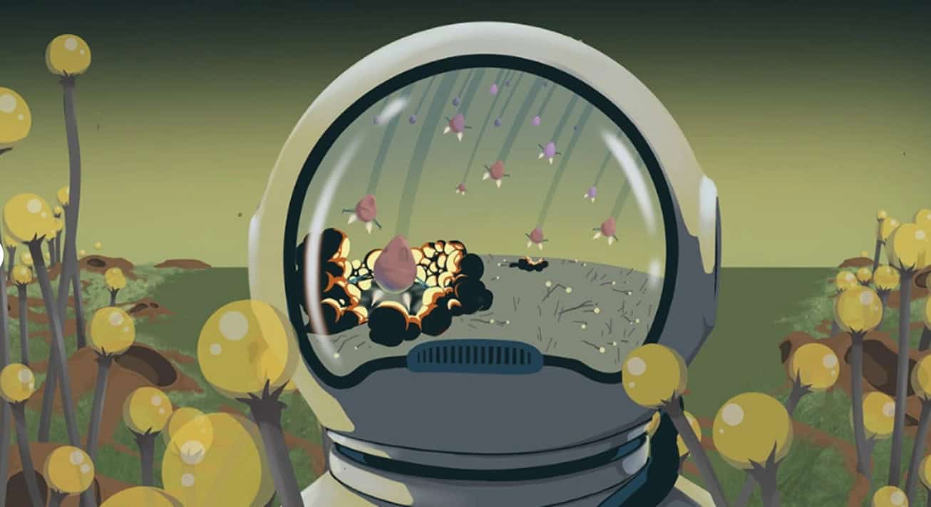 A futuristic helmet reflects an alien landscape, showcasing a field of yellow plants with spherical flowers. As part of a new mission for cooperative planet exploration, the visor displays butterflies flitting over the ground scattered with small rocks and a pinkish egg-like object.