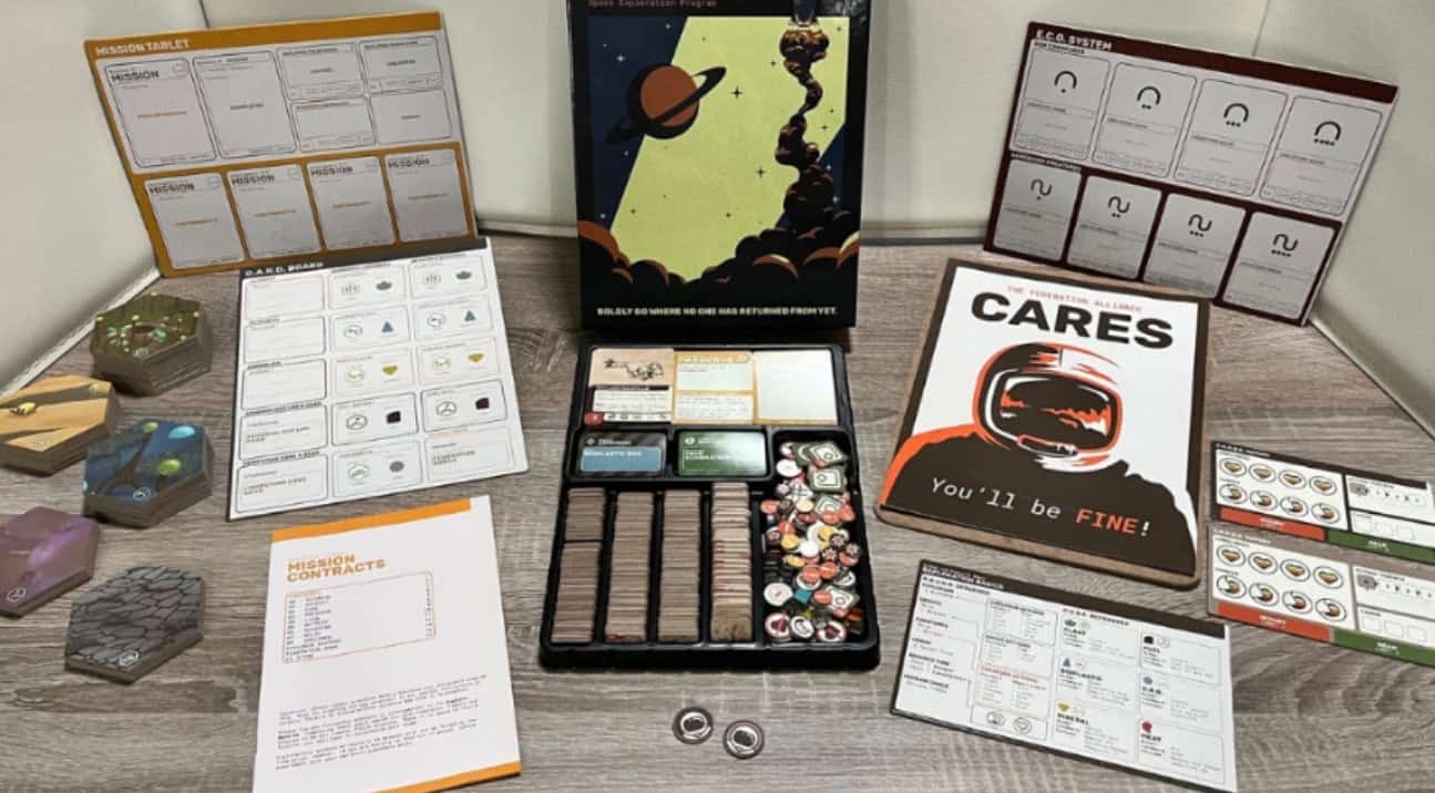 A detailed board game setup on a table, featuring a space-themed board, cards, tokens, dice, and a rulebook showcasing an astronaut image. Embark on cooperative planet exploration with new missions as components are laid out neatly for gameplay.