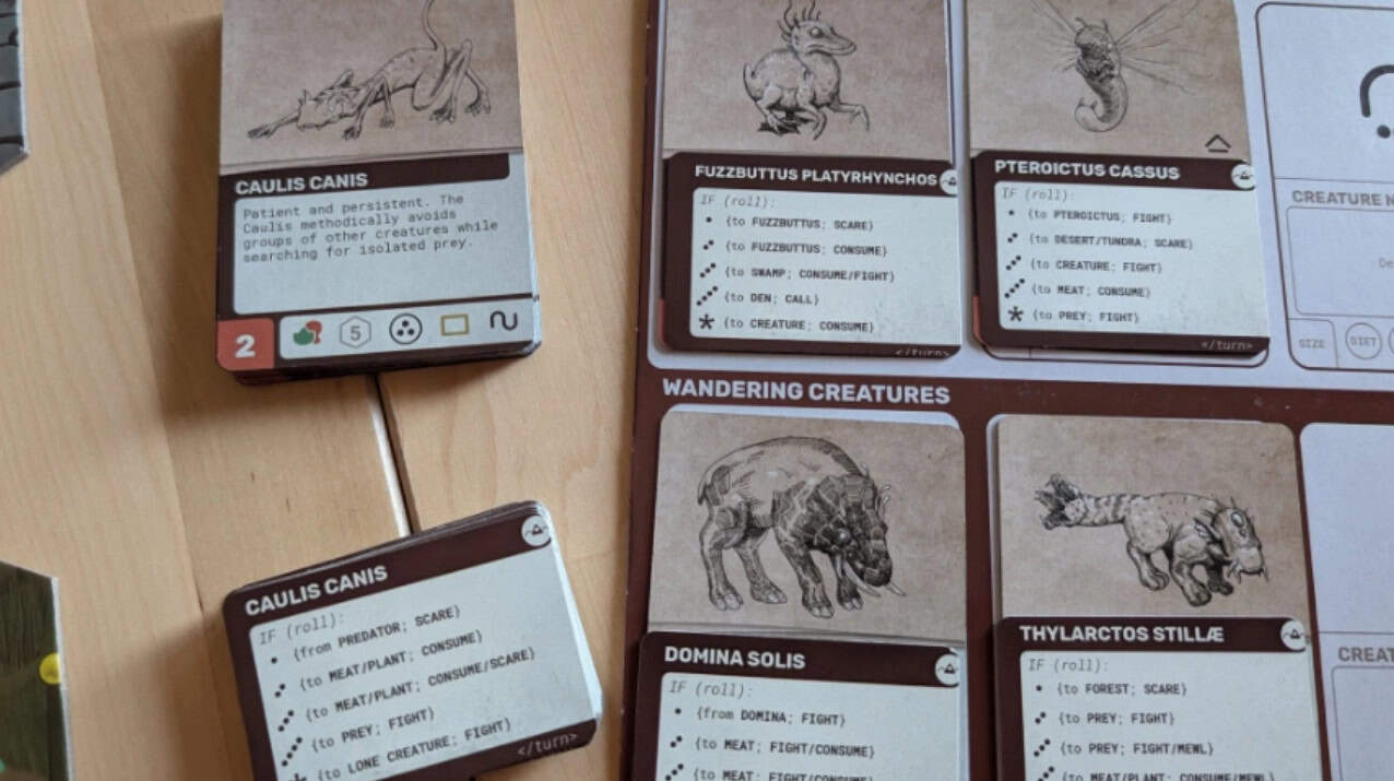 A tabletop game setup with cards showing different creatures and stats, including a dinosaur-like beast, a wolf, and a bear-like animal. These include new missions and challenges that detail their abilities and traits, all beautifully arranged on a wooden surface.