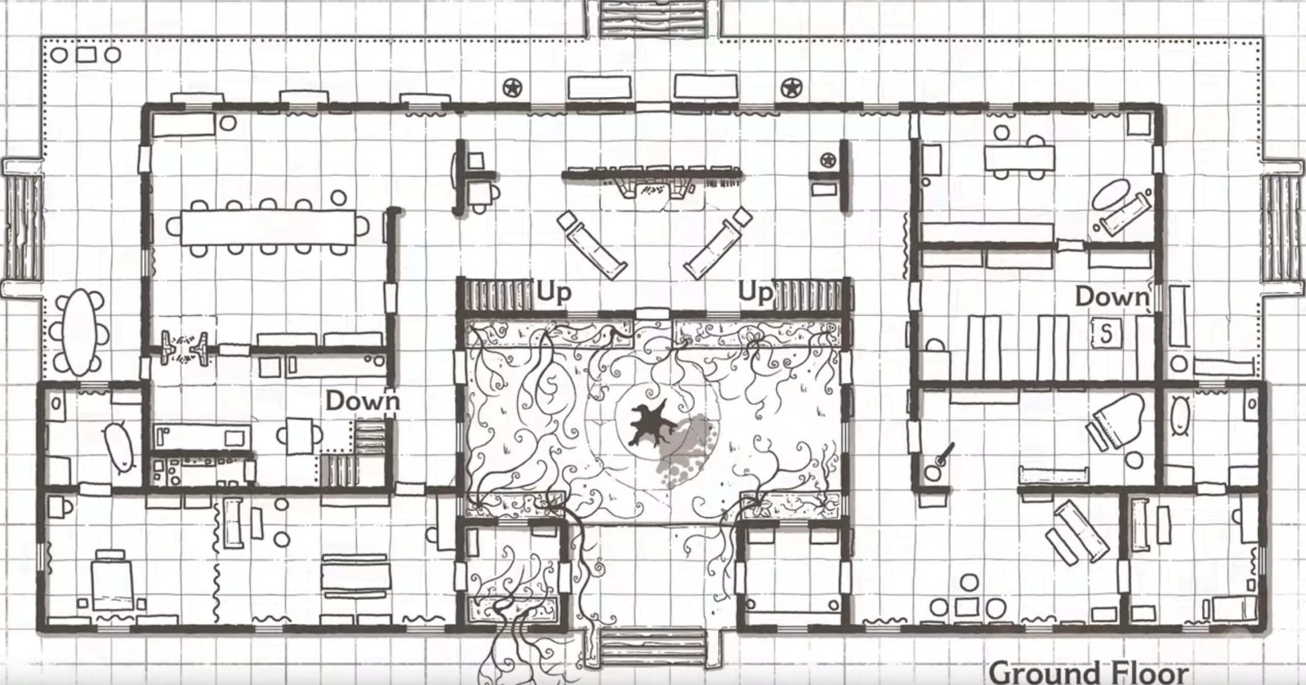 A hand-drawn floor plan of a ground floor, much like a Dungeon Master’s Guide map, features various rooms and labeled "Up" and "Down" for staircases. Intricate decorative detailing is at the center, reminiscent of D&D developers' creativity, with multiple living spaces and functional areas.