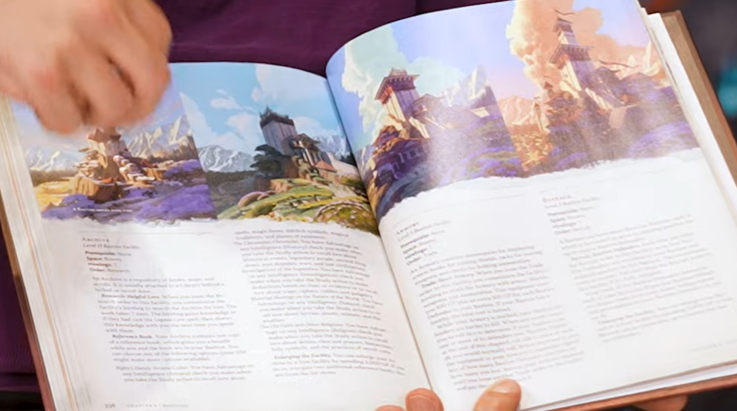 A person holds open a book with colorful illustrations of fantasy landscapes, akin to scenes inspired by the Dungeon Master's Guide. The left page depicts a castle in a green valley under a blue sky, while the right reveals one amidst mountains with dramatic clouds, perfect for D&D developers' worlds.