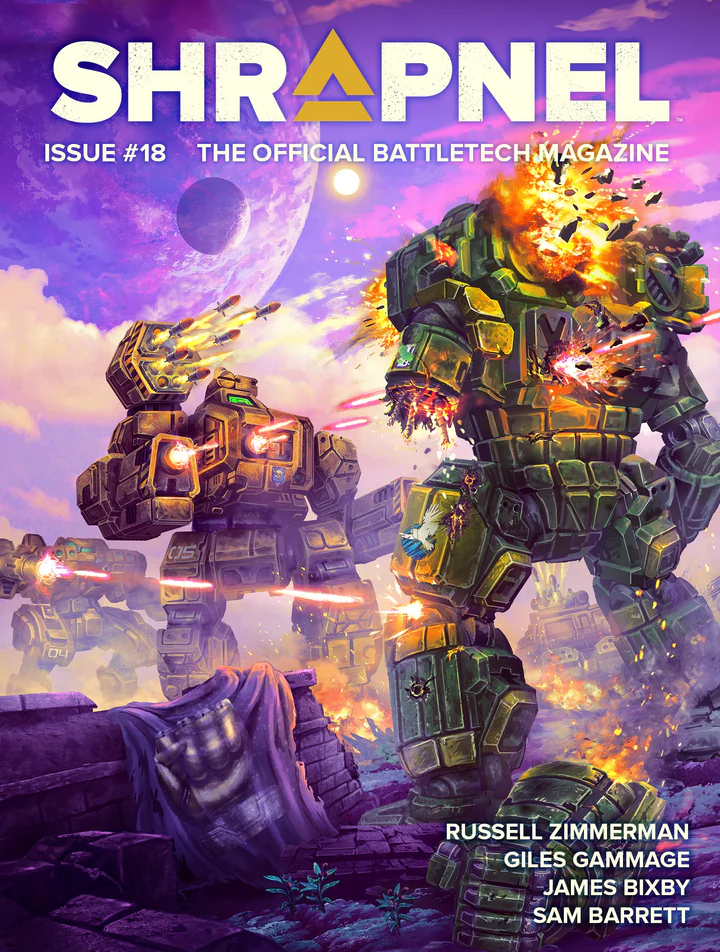 The cover of "Shrapnel" Issue #18 from Catalyst Game Labs showcases giant battle mechs in a vibrant purple and orange landscape, epitomizing the thrilling action of Battletech. As part of the September Releases, these mechs clash amid explosive scenes beneath a sky with swirling clouds and a looming planet.