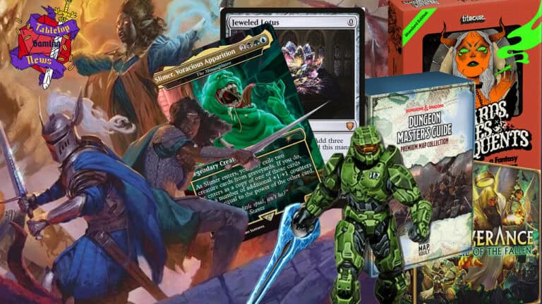 A collage of tabletop gaming elements featuring fantasy artwork of warriors, MTG cards amid recent bans, a Dungeon Master’s Guide, a Halo figure from the Flashpoint release date set, and a vibrant game box with an elf character.