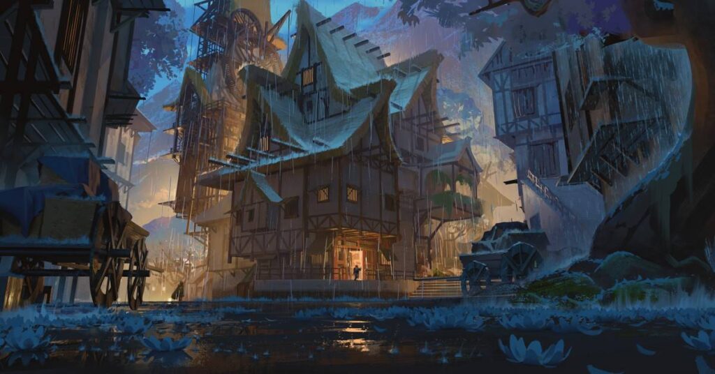 A mystical village scene at twilight evokes the charm of a Dungeon Master's Guide illustration, featuring tall, intricately designed wooden houses with slanted roofs. Illuminated windows bring a warm glow against soft blue hues. In the foreground, water lilies float serenely in a pond—a homage to classic D&D aesthetics.