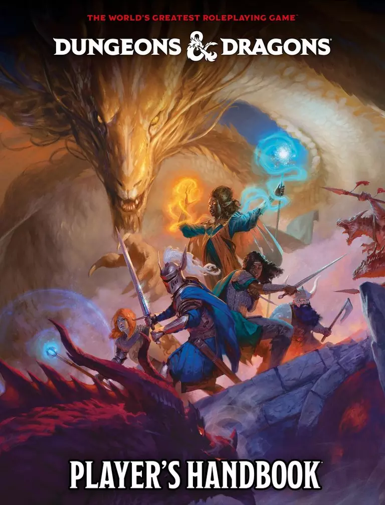 Fantasy characters battle a large, menacing dragon on the cover of the "Dungeons & Dragons Player's Handbook," celebrating D&D's 50th Anniversary. The dynamic scene features magic spells and weapons against a dramatic, fiery backdrop, perfectly capturing the adventure within.