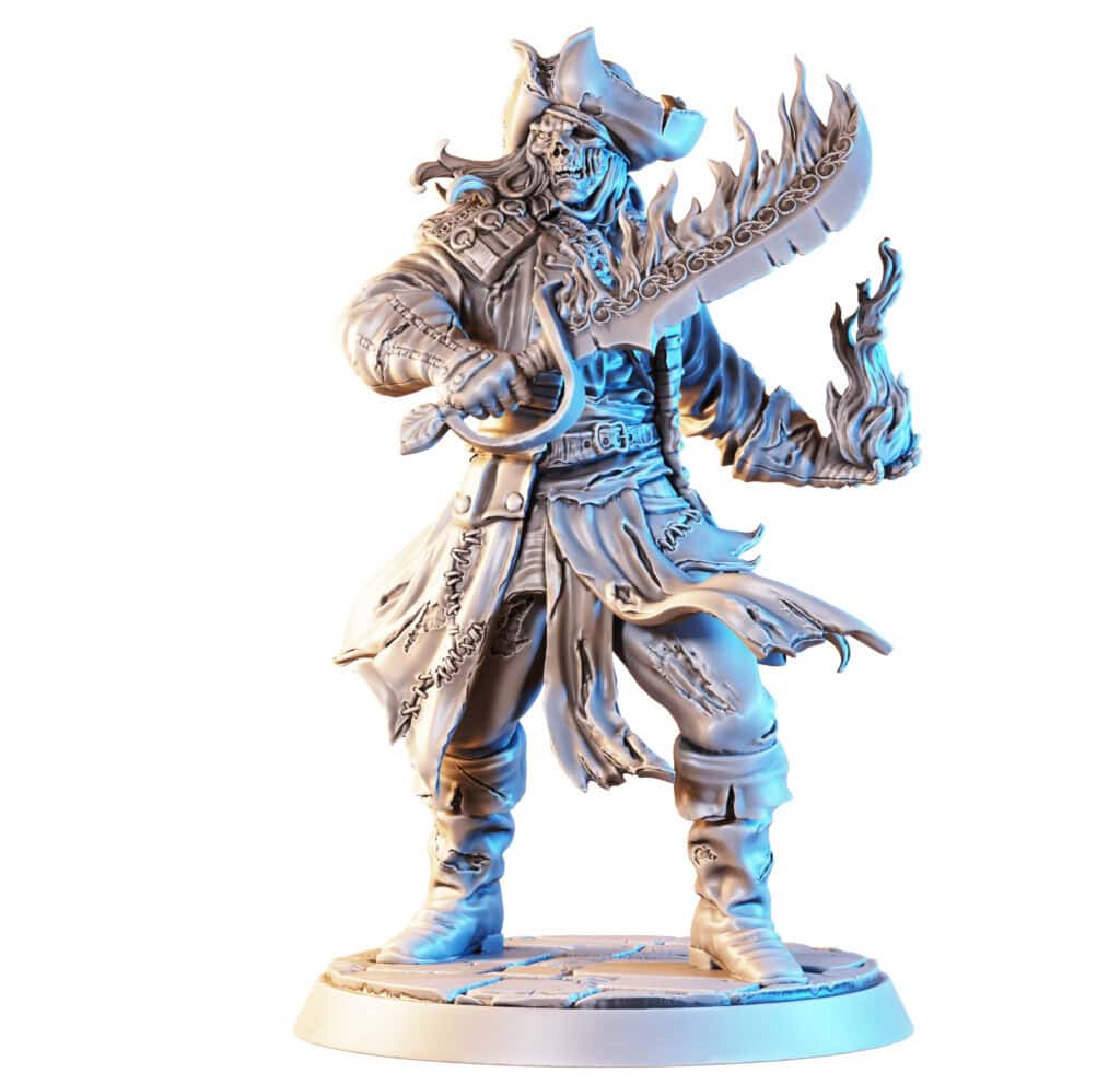 A detailed sculpture of a pirate from Dragori Games’ Pirate Adventure stands on a circular base, wielding a flaming sword. Wearing a tattered coat and hat with intricate patterns, the piece features dynamic lighting that enhances the fierce expression, capturing the essence of Tanares Expeditions.