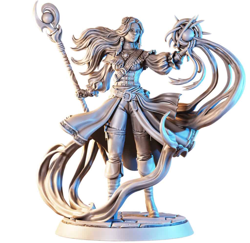 A detailed sculpture of a fantasy character, inspired by the Tanares Expeditions, features long hair and ornate armor while holding a magical staff. Flowing tendrils enhance the mystical theme. The piece, resembling treasures from Central Sea legends, boasts a glowing, metallic finish.