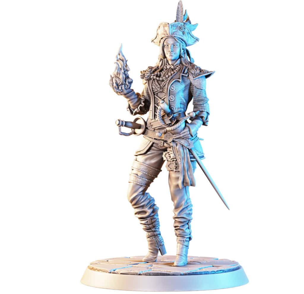 A highly detailed statue of a steampunk-inspired woman, perfect for the Pirate Adventure fan. She wears a tricorn hat adorned with feathers and holds a flame in one hand. Her attire includes a long coat and boots, with a sword at her side, ready for Tanares Expeditions on its round base.